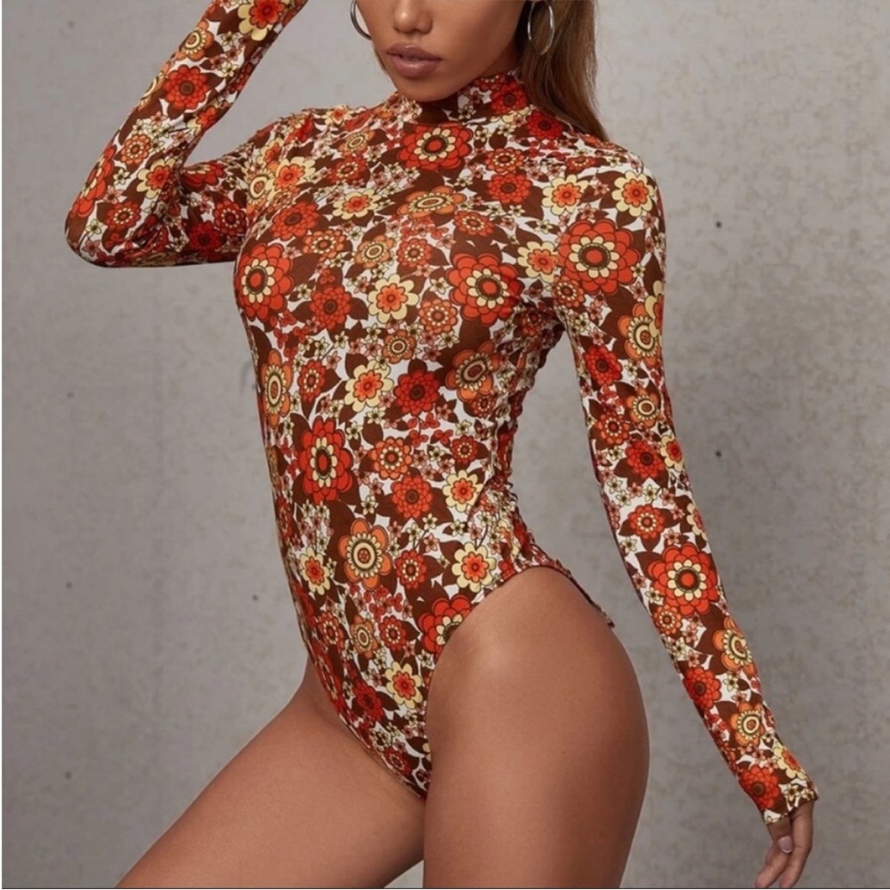 Floral Long Sleeve Bodysuit - Multicolor Gypsy Couture L NEW Boho Orange Brown - Picture 3 of 7